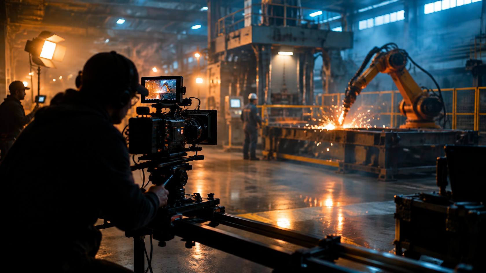 Equipe de filmagem gravando um robô de solda dentro de uma indústria